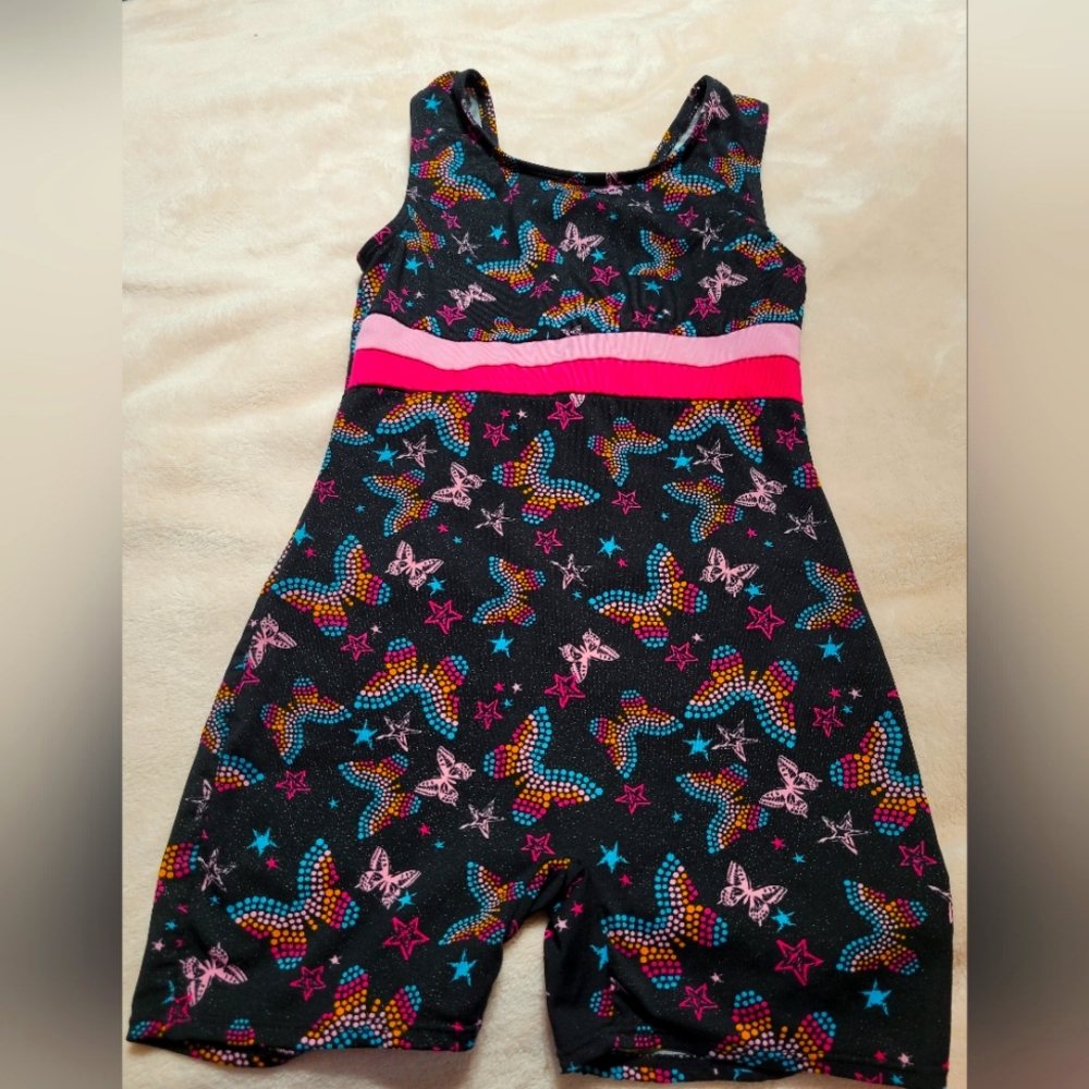 Girls danskin freestyle biketard leotard size 7/8 butterfly sparkly jumpsuit